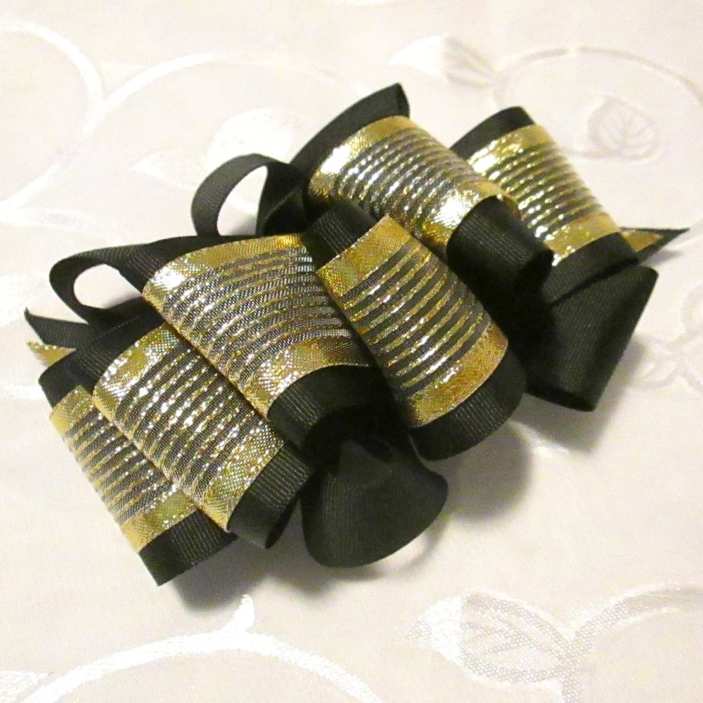 BLACK AND GOLD LUXURY RIBBON BOW WITH HAIR CLIP – NWOT